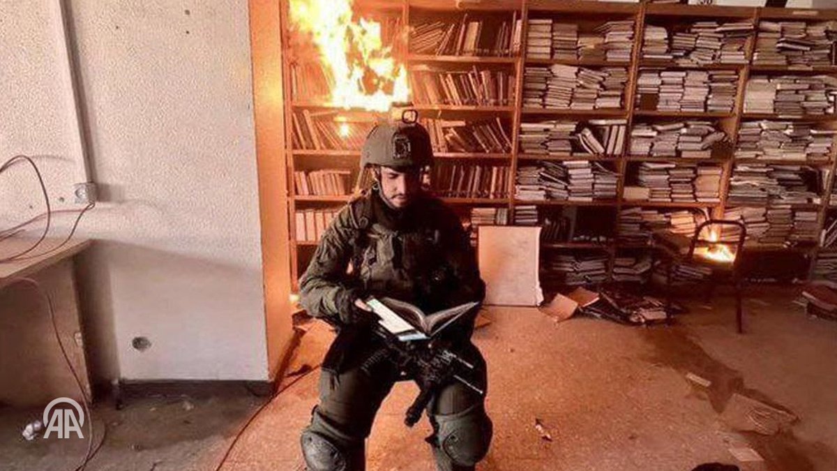 Amid laughter and mockery, Israeli soldiers shared photos after setting fire to the library of Al-Aqsa University in Gaza City.

Hitler burned the University of Berlin’s library in 1933 — history echoes in different forms.