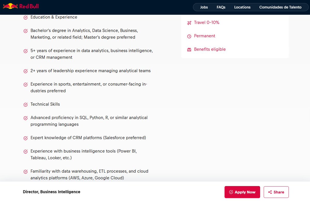 LuccasCorsino's tweet photo. Acá un ejemplo de Red Bull buscando un Data Analytics Director para los New York Red Bulls (equipo de MLS).

💰 Sueldo base: 120.000-140.000 USD anual

El stack que suelen pedir siempre es bastante similar:

🟢 Bachelor's degree
🟢 Experiencia en data analytics
🟢 SQL, Python o R para análisis de datos
🟢 Experiencia en CRM
🟢 Experiencia en BI (Power Bi, Tableau, Looker)
🟢 Data warehousing y cloud platforms (principalmente Azure y AWS)
🟢 Experiencia en análisis de datos aplicado a deporte (sports analytics)
🟢 Certificaciones del tipo Microsoft Certified, Applied Skills o AWS Certification

Este es un simple ejemplo de las oportunidades que hay en el mundo y por las que se tiene que competir con otros perfiles formados.

Achicar el gap académico es fundamental para tener experiencia real en proyectos con datasets validados y acceso a software/simulación de nivel internacional para sports analytics (sea motorsport o como en este caso futbol).

Solo Red Bull tiene 21 puestos libres en Data & Analytics.
Países: Austria, USA, Países Bajos y Republica Checa.

Además, estás ofertas tienen un pack de beneficios: planes integrales de atención médica, dental y de la vista, igualación de 401(k), licencia familiar, PTO y calendario de días festivos pagados, seguro para mascotas, legal y de vida, reembolso de matrícula.