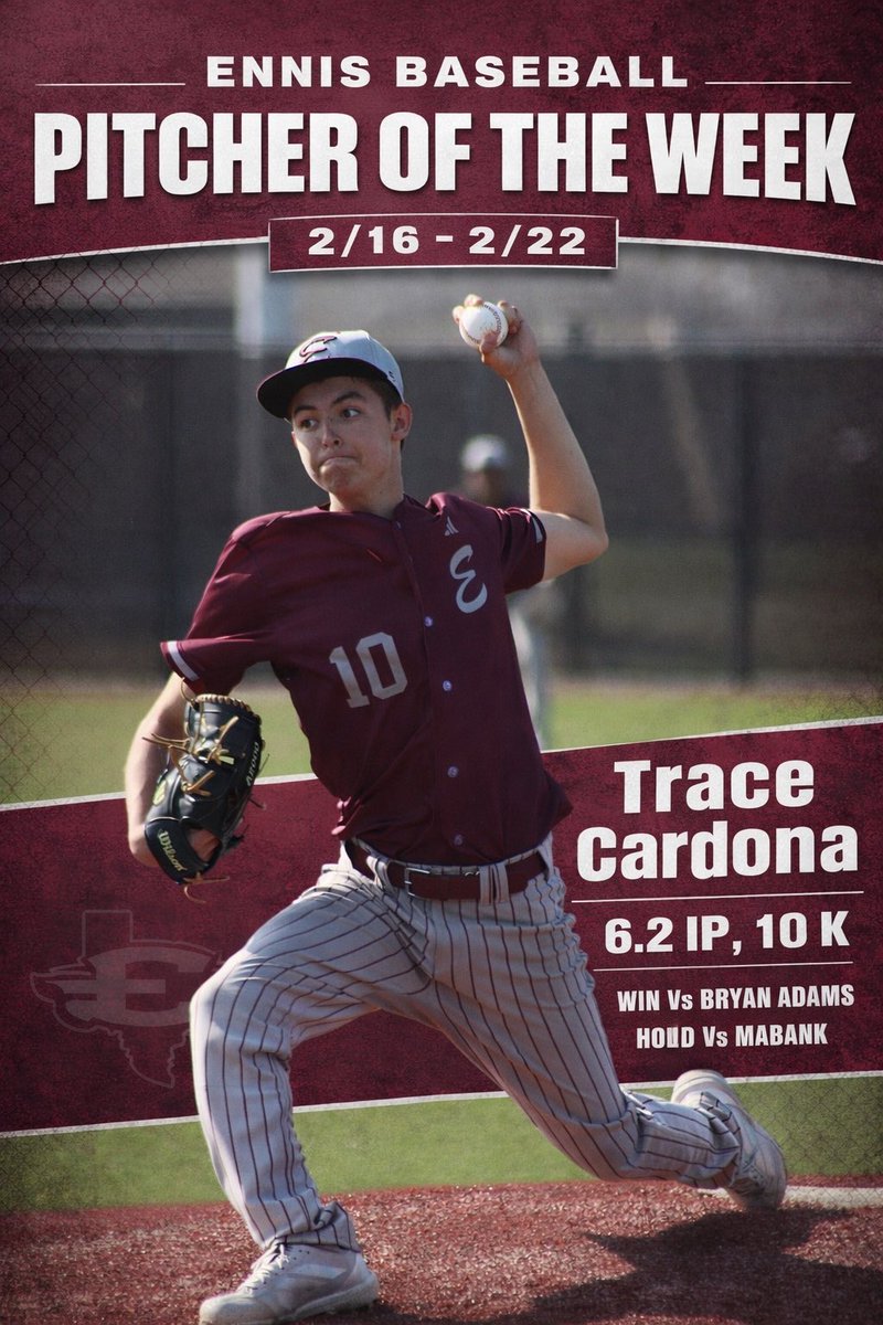 EnnisBaseball's tweet photo. Ennis Baseball pitcher of the week from 2/16-2/22! Trace Cardona made his first varsity start as a sophomore against Bryan Adams and secured a win, then had a clutch hold against Mabank. https://t.co/JhabPhkCfN