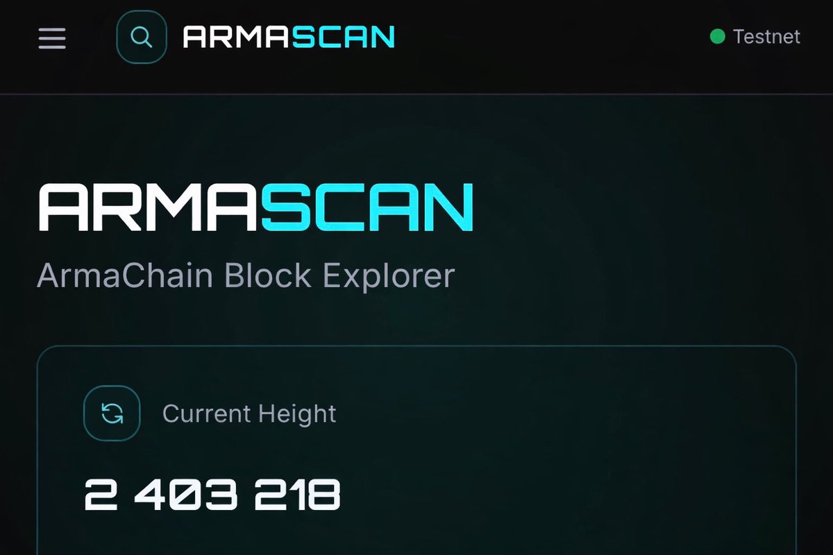 Armadex_io's tweet photo. ArmaScan is live.

Our native block explorer for ArmaChain testnet is now running and tracking real network activity.

Current height: 2,403,218 and growing.
Every block, every transaction - fully verifiable.

This is what building infrastructure looks like.

We keep pushing. https://t.co/BdZ801GYCi