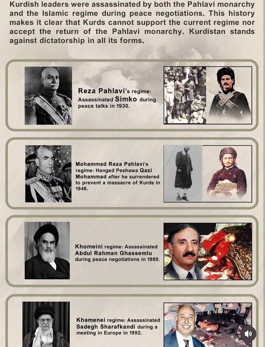 Pehlevi'den Hamaney'e; isimler değişse de Kürt liderlere yönelik "müzakere masasında suikast" geleneği değişmedi. 
Tarih, bu kanlı döngünün cellatlarını değil, direnenleri yazar. 
Bugün bir devir kapanırken, diktatörlüğün her formuna karşı duranlar tarih yazıyor.✌️☀️ #Kurdistan