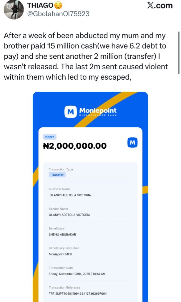 Niinameelah's tweet photo. There’s a BVN.
There’s an account number.
There’s a transaction record.

Yet the kidnappers walk free.

What exactly prevents investigation in cases like this? @GbolahanOl75923 is the victim that shared his story. 💔 https://t.co/9hd90JsdeU