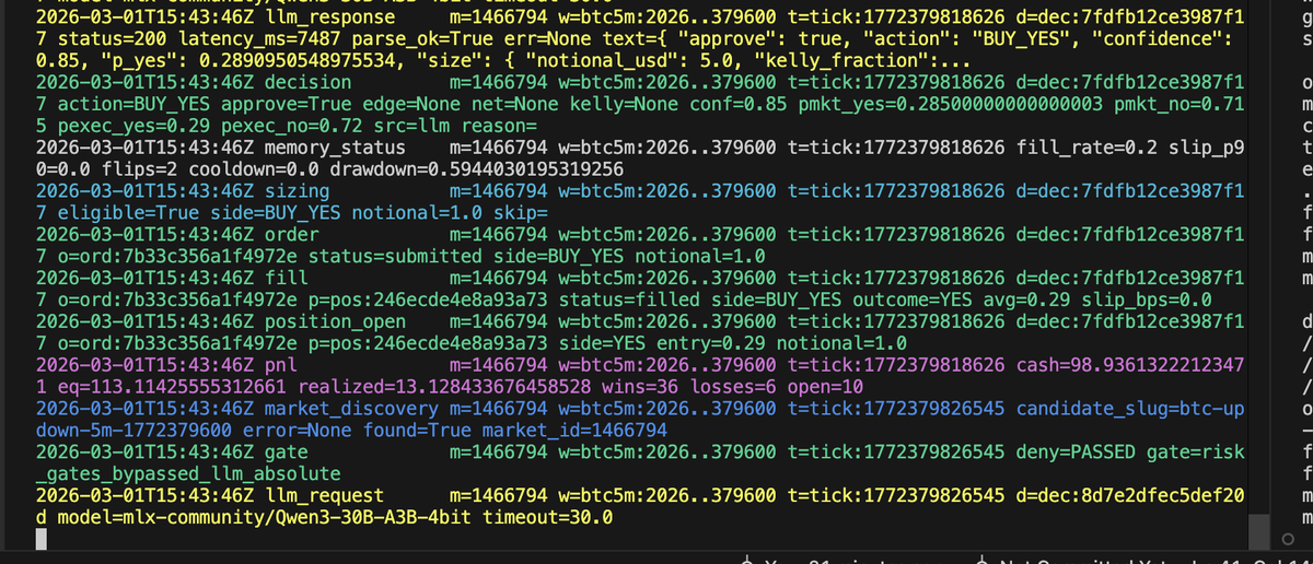 I have been building an LLM-centric execution system on Polymarket. I tried to specify a strategy in prompt format to see whether the LLM can make decisions based on that approach, I've being using the qwen3-30B-A3B-4bit with MLX.