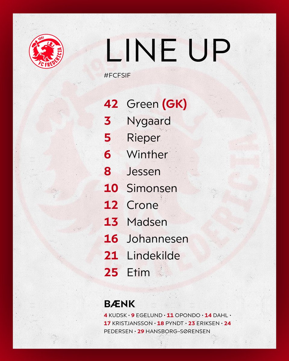 Superligaen's tweet photo. Startopstilling FC Fredericia #SLDK #FCFSIF #ditholdvoresliga https://t.co/mpTT7RgrDb