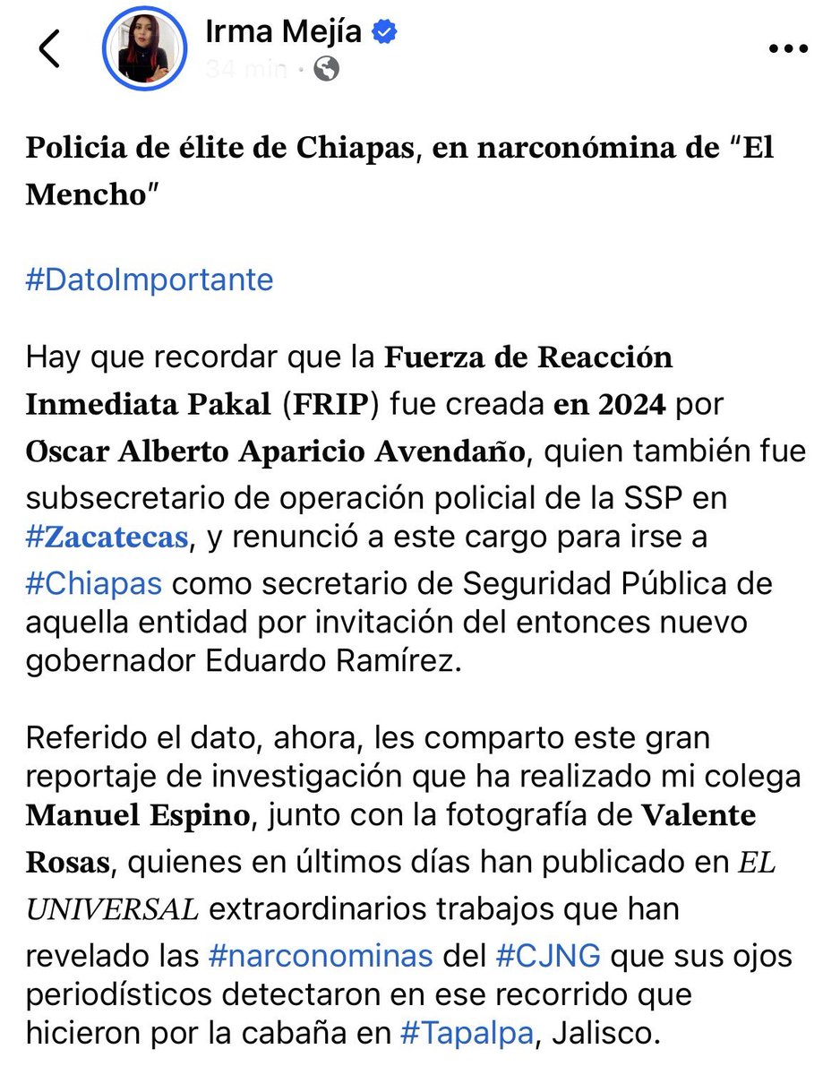 irmisme's tweet photo. #DATO La Fuerza de Reacción Inmediata #Pakal (FRIP) de #Chiapas fue creada por Oscar Aparicio Avendaño, quien fue subsecretario de operación policial de la SSP en #𝐙𝐚𝐜𝐚𝐭𝐞𝐜𝐚𝐬 y en 2024 renunció para ser titular de la SSP de aquella entidad
https://t.co/Yyx80yvCBz https://t.co/OM7AUCZ0e4