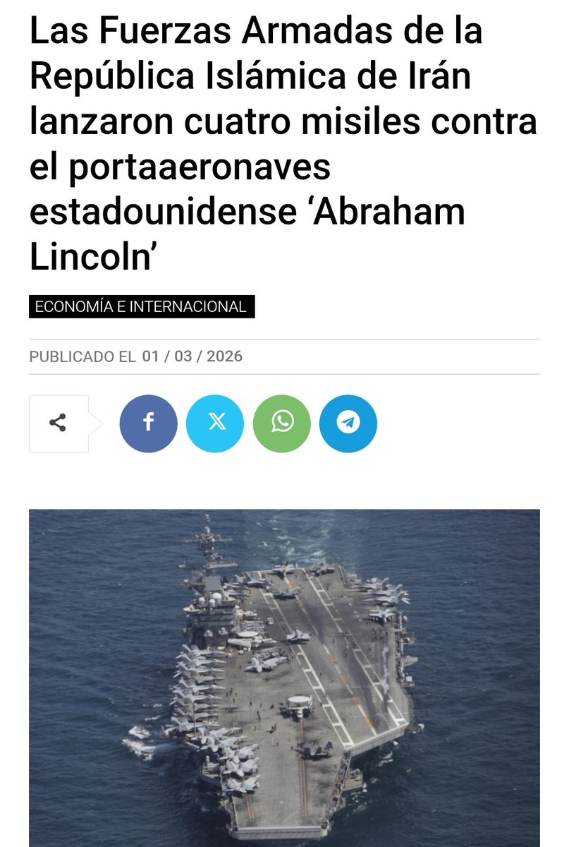 angel40924's tweet photo. La Guardia Revolucionaria de Irán ha comunicado este domingo el lanzamiento de cuatro misiles balísticos dirigidos contra el portaaviones estadounidense “USS Abraham Lincoln”, sin que por ahora se haya verificado si el buque ha sufrido daños.

“Tras las arrogantes acciones y el ataque de los enemigos estadounidenses y sionistas, las Fuerzas Armadas de la República Islámica de Irán ha atacado el portaaeronaves ‘Abraham Lincoln’ con cuatro misiles balísticos”, ha informado la Guardia Revolucionaria en un comunicado.

El cuerpo de élite iraní ha subrayado que ha entrado en una “nueva fase” en su respuesta al ataque de Estados Unidos e Israel y ha advertido de que “la tierra y el mar se convertirán en el cementerio de los agresores terroristas”.
#Iranian #Dubai #EEUU