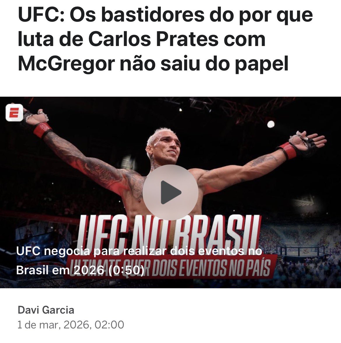 POR QUE CARLOS PRATES NÃO VAI ENFRENTAR CONOR MC GREGOR NA CASA BRANCA?

Apurei toda a situação envolvendo uma possível luta do irlandês contra o brasileiro e TUDO sobre o main event do UFC Perth contra Jack Della-Madalena!

espn.com.br/mma/ufc/artigo…
