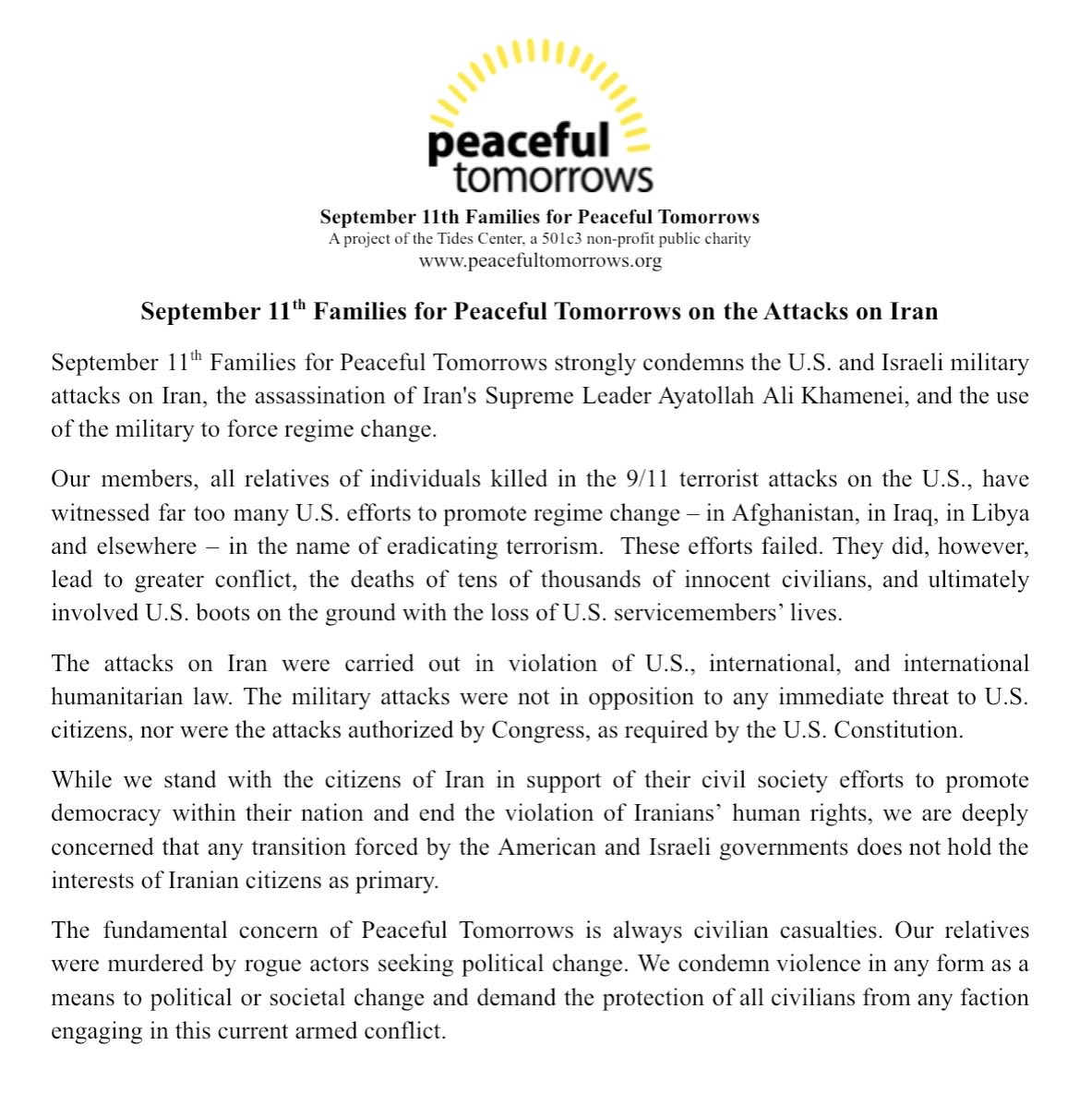 Peaceful Tomorrows Statement on the Attacks on Iran 

peacefultomorrows.org/post/september…