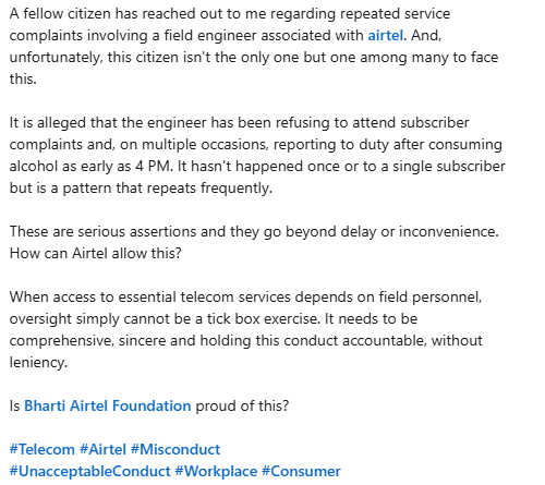 Seriously .<a href="/airtelindia/">airtel India</a> .<a href="/Airtel_Presence/">Airtel Cares</a> .<a href="/bhartiairtelfdn/">Bharti Airtel Foundation</a> - a drunk staffer on duty? 

#Airtel #ConsumerRights #DrunkAtWork