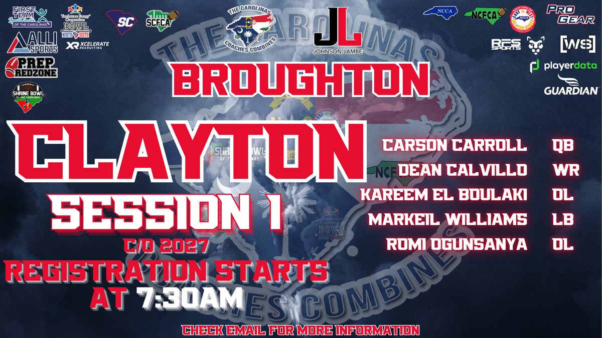Congrats to the following @capsfootball players for being selected to the Carolinas Coaches Combines at Clayton HS!

See you April 11 @ 7:30AM! Check email to register!

<a href="/JohnsonLambe/">Johnson Lambe Sporting Goods</a> <a href="/bmpetersonsport/">B.M. Peterson Sports</a> @ccarroll1543 @calvillodean <a href="/kareemboulaki/">Kareem El-Boulaki</a> @markeilw41 <a href="/Romi_Ogunsanya/">Romi_ Ogunsanya</a>