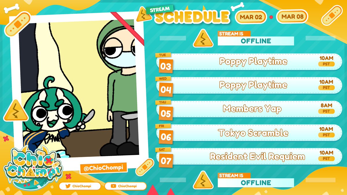 ChioChompi's tweet photo. Schedule! 🦖【MAR 02 - MAR 08】
General: #ChioChompi
Art: #Chiosaurtist
Clips: #BiteSizedChio
Meme: #Chiheehee
NSFW: #Rawr18 https://t.co/dyHd8GtIC7