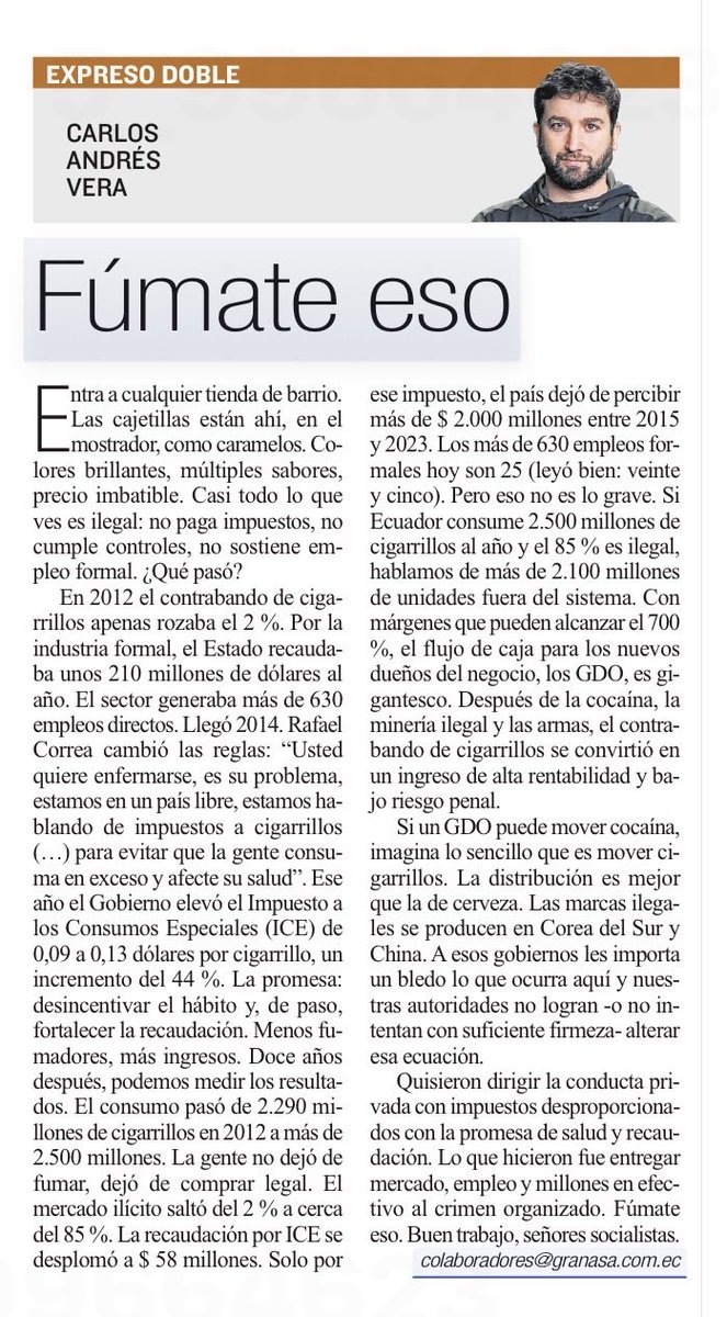 Ayer, en <a href="/Expresoec/">Diario Expreso</a>. 12 años después de los impuestos especiales a los cigarrillos, los resultados son exactamente lo contrario a los esperados. De esto, casi no se habla: