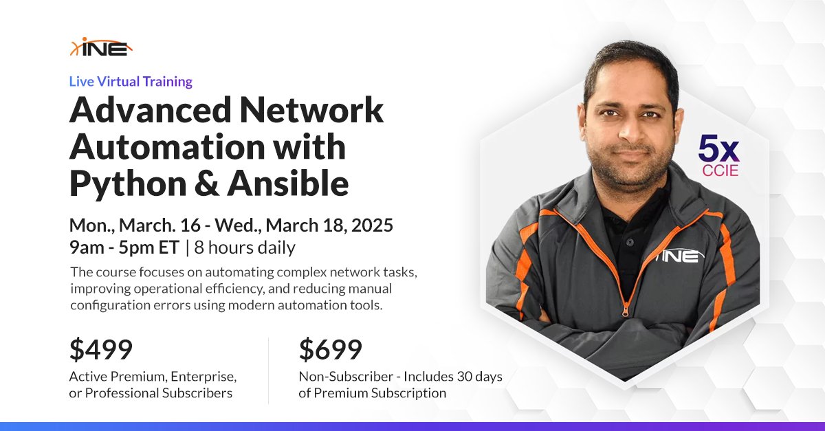 SecurityTube's tweet photo. 🚀 Train live with a 5x CCIE on real world network automation using Python and Ansible.
Secure your seat: https://t.co/oJovSnknvM
✅ Automation fundamentals
✅ Practical scripting
✅ Modern tools
✅ Scalable workflows
#NetworkAutomation #NetDevOps #INE https://t.co/RuIdeNTejS