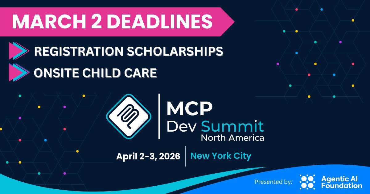 ⏳ Deadline: March 2 at 11:59 PM EDT
To help make #MCPDevSummit more accessible, we’re offering:
• Registration scholarships
• Complimentary onsite childcare 
Apply or RSVP before the deadline.
Scholarships → hubs.la/Q0453j8x0
Childcare  → hubs.la/Q0453kYQ0