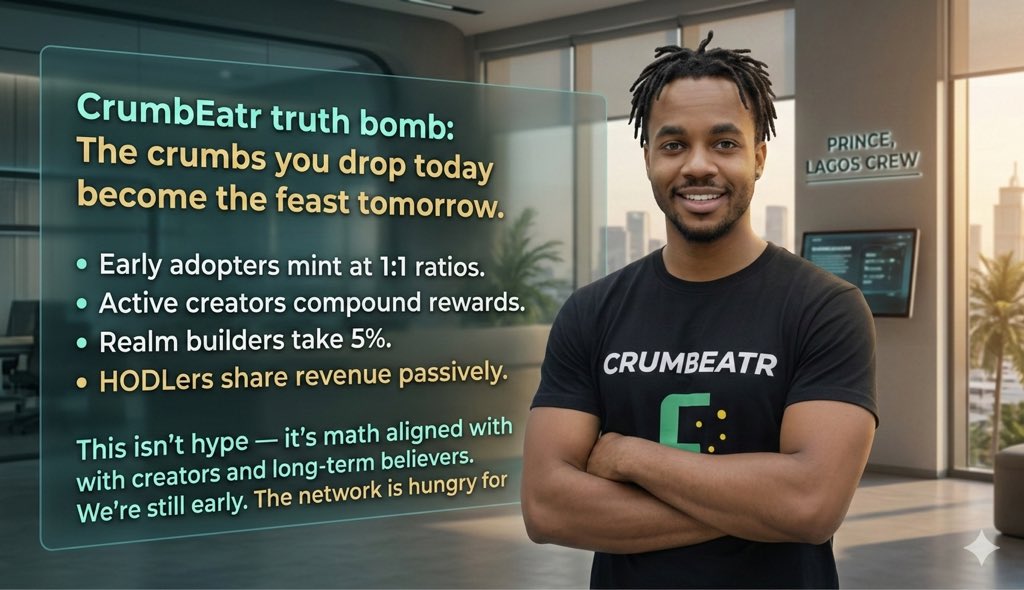 <a href="/CrumbEatr/">CrumbEatr</a> truth bomb:

The crumbs you drop today become the feast tomorrow.
Early adopters mint at 1:1 ratios.
Active creators compound rewards.
Realm builders take 5%.
HODLers share revenue passively.

#ICP <a href="/TrapDefi/">TrapDefi ♿️</a> <a href="/mr430aoncrypto/">ᴍʀ430ᴀᴏɴᴄʀʏᴘᴛᴏ ∞ ♿️</a>