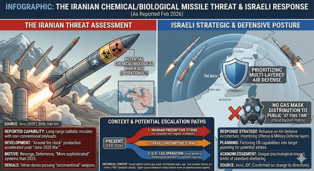 JPZanders's tweet photo. #ChemicalWeapons #Armament #Iran #Israel #Allegation 
Israeli Defense Official Warns Iran May Already Have Operational Chemical & Biological Warheads for Ballistic Missiles as IDF Keeps Home Front Directives Unchanged
https://t.co/E1XOflmHMv

[...]
The assessment gained fresh attention after Brig. Gen. (res.) Amir Avivi, founder of the Israel Defense and Security Forum (IDSF) and an adviser to the Israeli government on defense matters, said the threat is “not theoretical” and that there is “a good chance they already have it,” describing the capability as something Israel believes “may be operational.” In a separate interview with the Washington Free Beacon, Avivi said Israel’s defense establishment is actively discussing the possibility of chemical and biological warheads and is factoring those capabilities into target planning for any potential strike, warning that missile production is continuing “around the clock” and that newer systems are more sophisticated than those used in the June 2025 war.
[...]