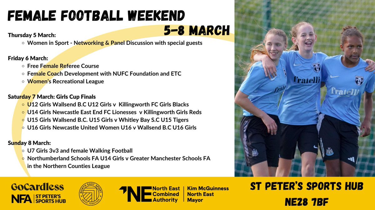 NorthumFA's tweet photo. One week to go! Join us to celebrate grassroots women and girls football! Take a look at  at the Female Football Event at our flagship ground St Peter's Hub. More info here 👉️  https://t.co/QE82l1tLE3
#FutureFemaleFootball #GoCardless #StPeters
@NorthEast_CA @KiMcGuinness https://t.co/0zzwfB3bCA