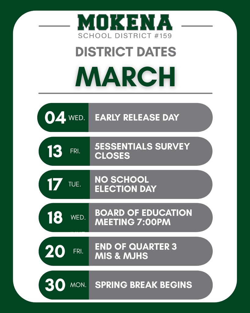Mark your calendars with the important Mokena SD 159 dates to remember in March!