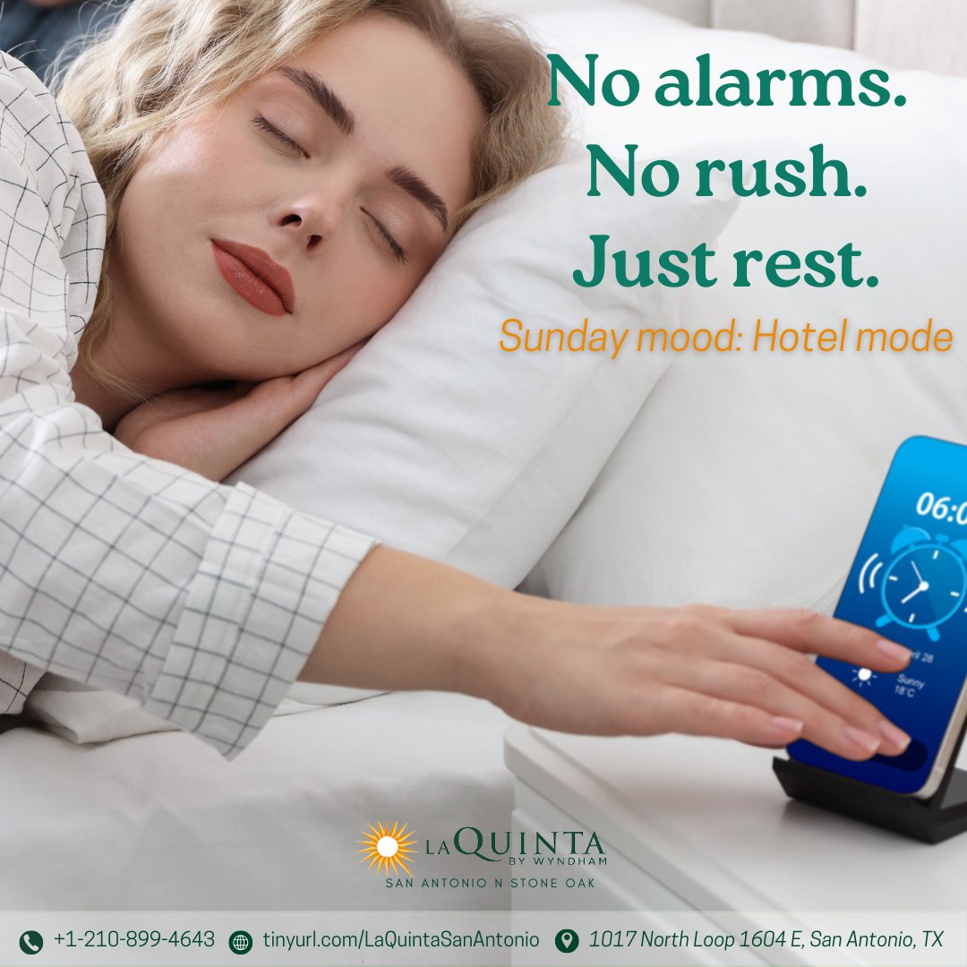 LQInnNStoneOak's tweet image. Late wake-ups. Slow coffee. Cozy sheets.
Sundays were made for hotel stays.

Make your next one better — book direct and save 15% OFF.

#SundayStay #RestMode #HotelRelaxation #LaQuintaStoneOak #SelfCareTravel