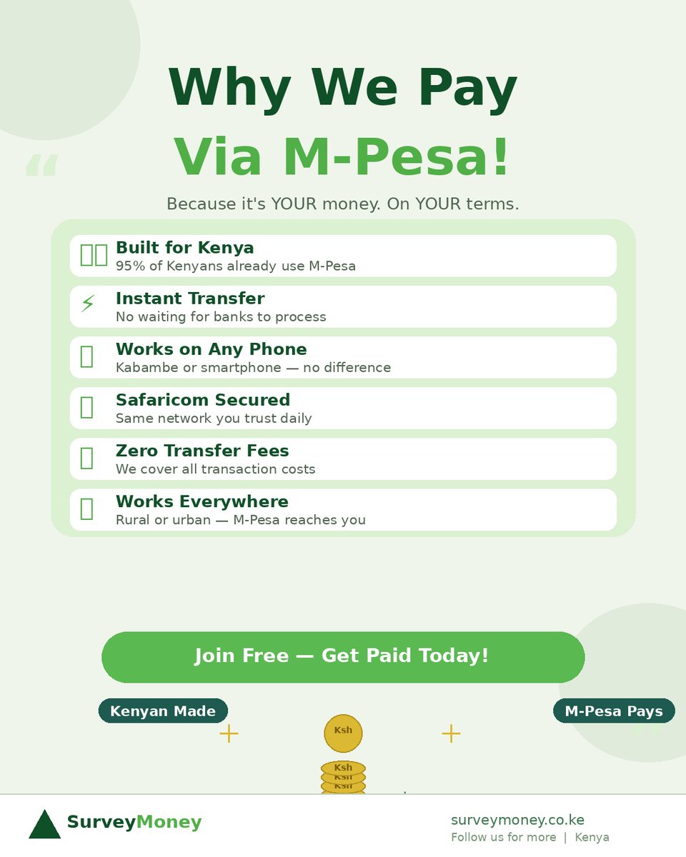 digital_kenyan's tweet photo. Get paid your way!

Earn seamlessly with SurveyMoney and M-Pesa. Instant transfers, zero fees, and ultimate convenience—your money, your terms. Join today and experience effortless payments! 💸

#MPesaPays #KenyaMade #SurveyMoney https://t.co/OrLhcF5pIo