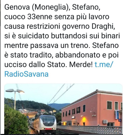 Erinni15's tweet image. Cuoco 33 enne senza lavoro causa restrizioni si e' suicidato buttandosi sui binari .
marzo 2021

#covid #restrizioniCovid #lockdown