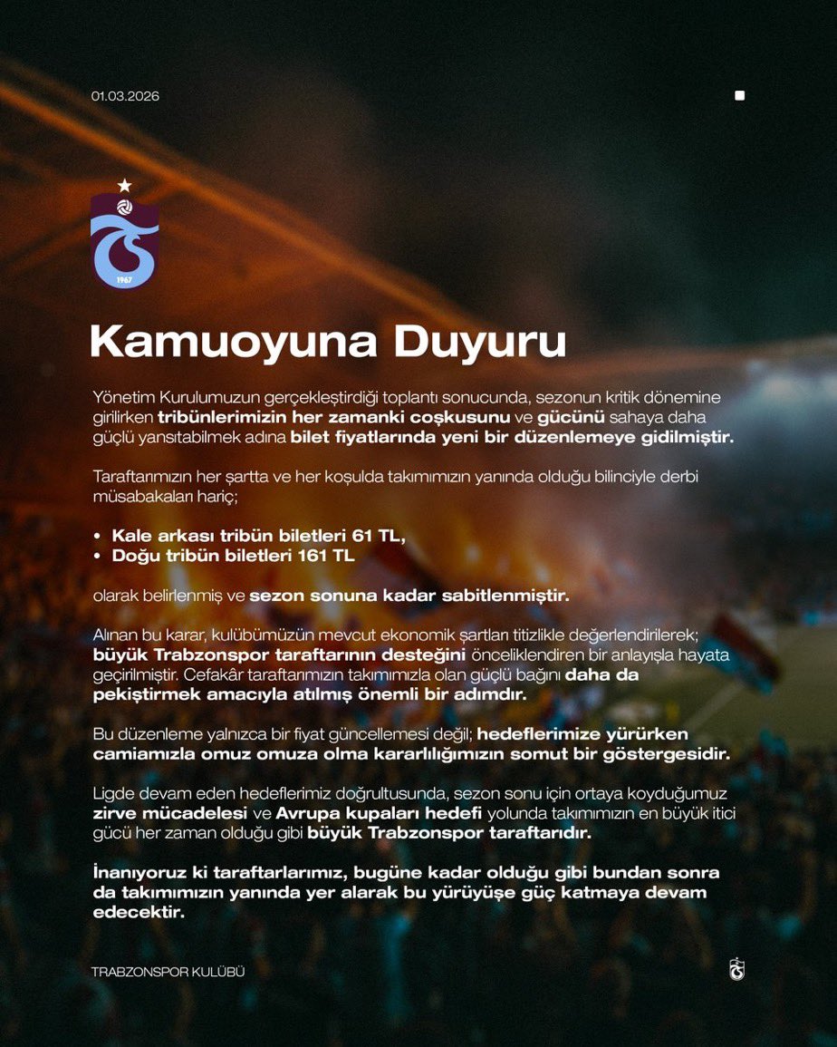 Hatırlatma 2.

Trabzonspor tribün atmosferi için maç biletlerine sezon sonuna kadar indirim yaptığını açıkladı. Biletler 61 TL’den başlıyor. Siz de bir şey yapın lütfen. 

<a href="/AdemKoz/">Adem KÖZ</a> <a href="/AlperAlpoglu/">Av.Ali Alper ALPOĞLU</a> <a href="/torunogullarifb/">Ertan Torunoğulları</a> <a href="/omer_topbas/">M. Ömer Topbaş</a> <a href="/cemciritci/">Cem Ciritci</a> <a href="/SalarMurat/">MURAT SALAR</a>