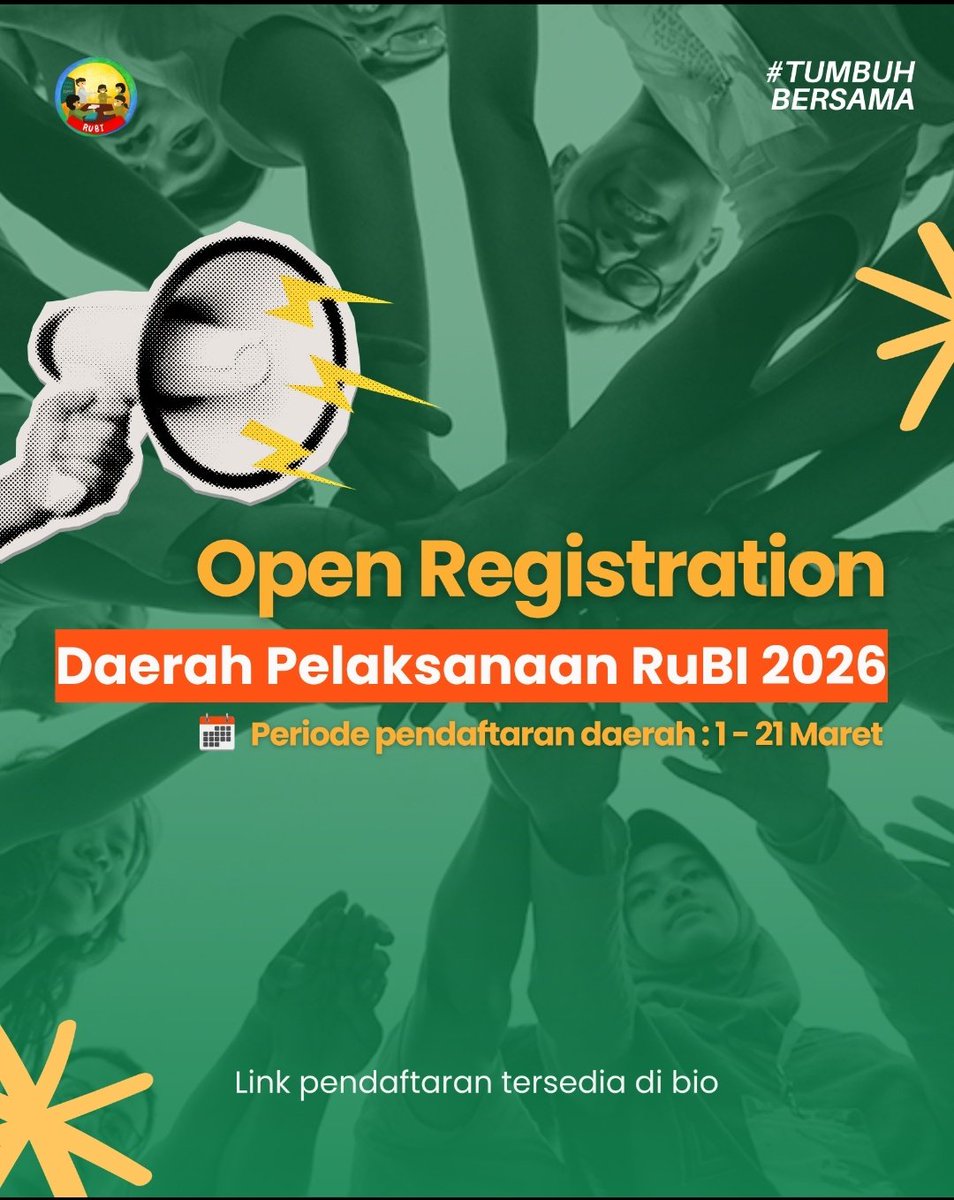 Hai hai Sobat RuBI di seluruh Indonesia! 🇮🇩

Di tahun ini, RuBI melanjutkan perjalanan untuk merangkul daerah baru lainnya. ✨

Yuk, ajukan daerah mu sekarang! 

Daftarkan daerahmu sekarang:
🔗 bit.ly/PendaftaranDae… 🙌

#TumbuhBersama #BergerakBersama #BerbagiSelamanya
