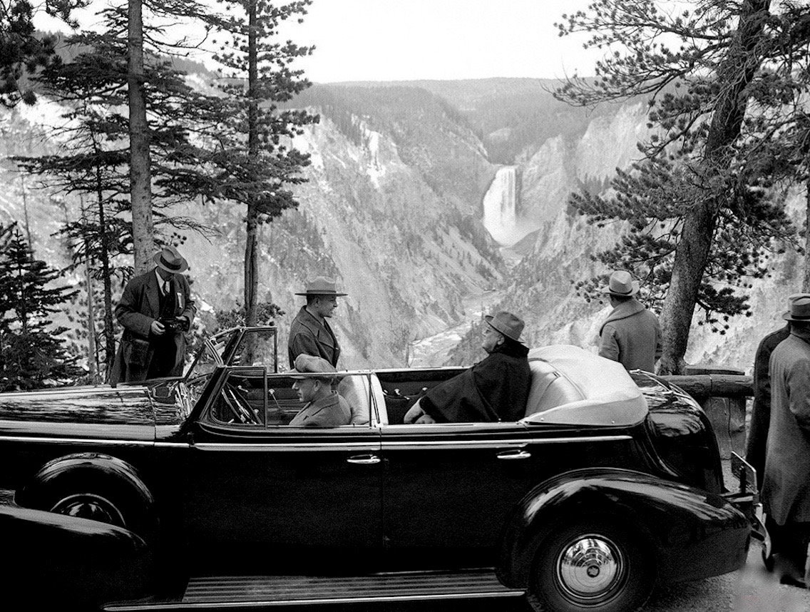 FDR (1937) enjoys Yellowstone National Park, which became the first nationally-protected park in the United States today 1872: