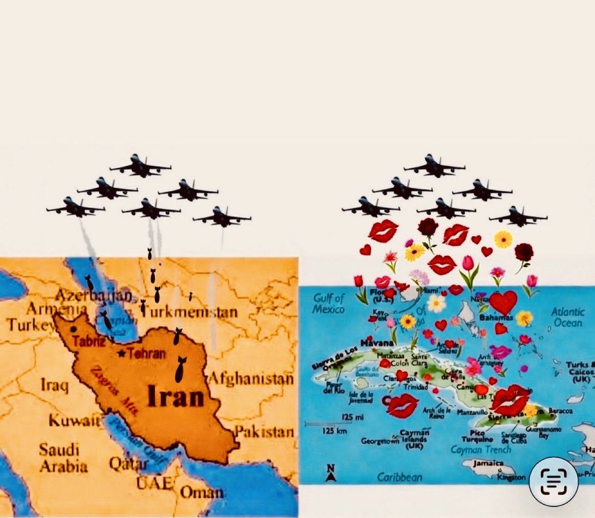 Para Irán 🇮🇷 bombas 💣 para un cambio de régimen, para Cuba 🇨🇺 besos y flores para una toma amistosa…
Firma: ⁦<a href="/realDonaldTrump/">Donald J. Trump</a>⁩ ⁦<a href="/marcorubio/">Marco Rubio</a>⁩