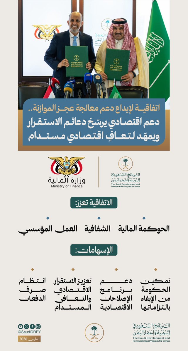 اتفاقية بين #البرنامج_السعودي_لتنمية_وإعمار_اليمن ووزارة المالية اليمنية؛ لترسيخ الحوكمة وتعزيز الاستقرار الاقتصادي في #اليمن 🇸🇦🇾🇪