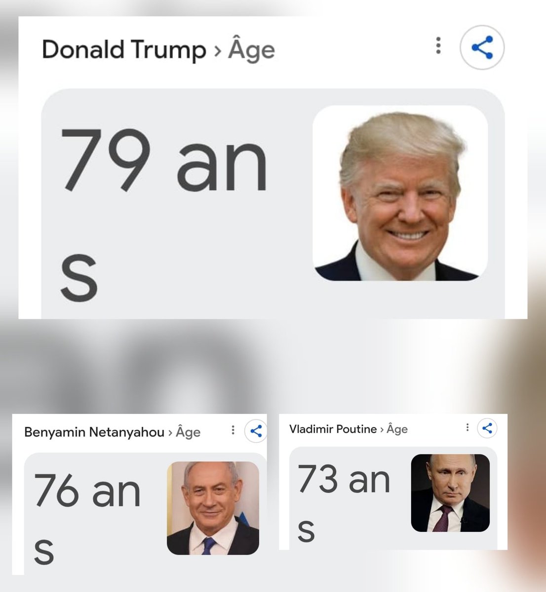 <a href="/realDonaldTrump/">Donald J. Trump</a> , <a href="/netanyahu/">Benjamin Netanyahu - בנימין נתניהו</a> et #PUTIN sont si vieux que dans 10 ans ils seront soit morts soit frappés de sénilité. 

Pourquoi laissons-nous à ces trois vieillards au bout de leur parcours terrestre, le pouvoir de menacer l'avenir de nos enfants en poussant l'Humanité vers une
