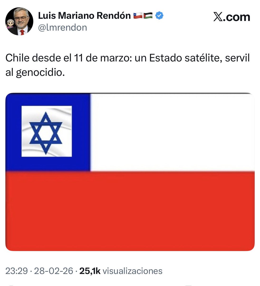 Estimada señora <a href="/Contraloriacl/">Contraloría</a> denunció a <a href="/lmrendon/">Luis Mariano Rendón 🇨🇱🇵🇸</a> por el mal uso de símbolos patrios en Chile (bandera, escudo, himno) constituye una falta de respeto y, en casos de ultraje o mofa, es un delito sancionado por el código penal con presidio y multas, según el artículo 136. La Ley