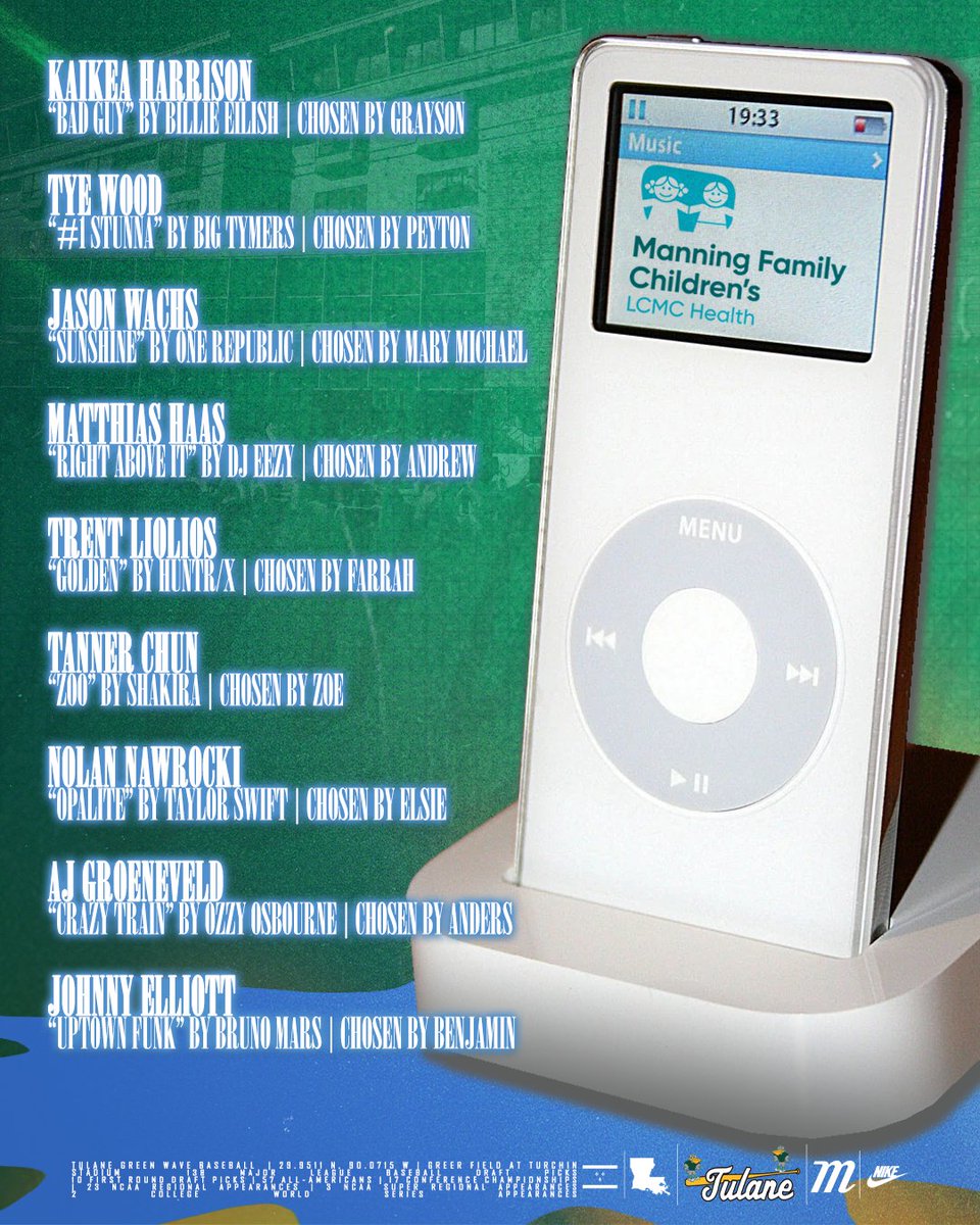 GreenWaveBSB's tweet photo. It'll sound a little different at #GFATS the first time through the order...our friends at @manfamchildrens have selected some new walk up songs for our guys today!
#RollWave 🌊⚾️ https://t.co/sCP7S3YGNf