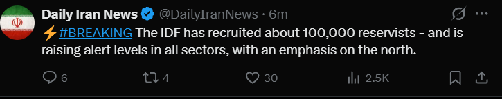 🚨 ⚡#BREAKING The IDF has recruited about 100,000 reservists - and is raising alert levels in all sectors, with an emphasis on the north.
#Iran #Khamenei #Traitors #Tehran #BreakingNews

Follow for more Update:- <a href="/illugril_007/">Ms_illu...</a>