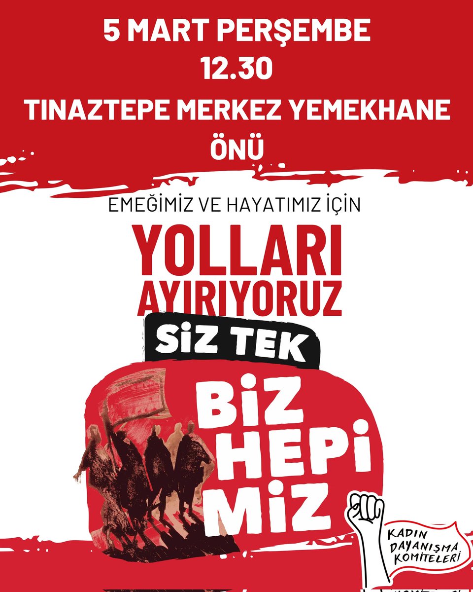 deu_kdk's tweet photo. Emeğimiz için, hayatımız için, bu düzeni onların başına yıkmak için...

Hodri meydan: Siz tek biz hepimiz!

🗓️5 Mart Perşembe
⏱️12.30
📍Tınaztepe Merkez Yemekhane Önü https://t.co/0vpAK99qyk