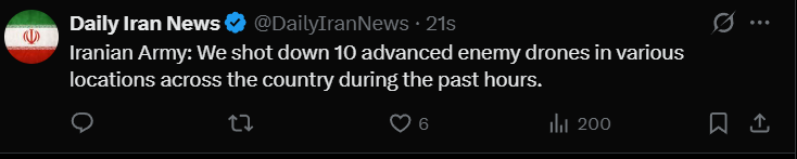 🚨 ⚡#BREAKING Iranian Army: We shot down 10 advanced enemy drones in various locations across the country during the past hours.
#Iran #Khamenei #Traitors #Tehran #BreakingNews

Follow for more Update:- <a href="/illugril_007/">Ms_illu...</a>