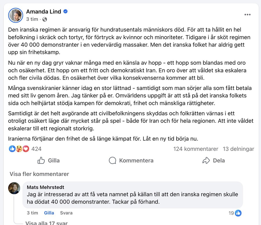 Även <a href="/miljopartiet/">Miljöpartiet</a> stödjer massmördaren Netanyahu och Trumps illegala, oprovocerade angreppskrig mot Iran. Insinuerar att angreppet handlar om att bringa demokrati i Iran! Man tror inte det är sant hur naiva svenska politiker är.
friatider.se/miljopartiet-h…