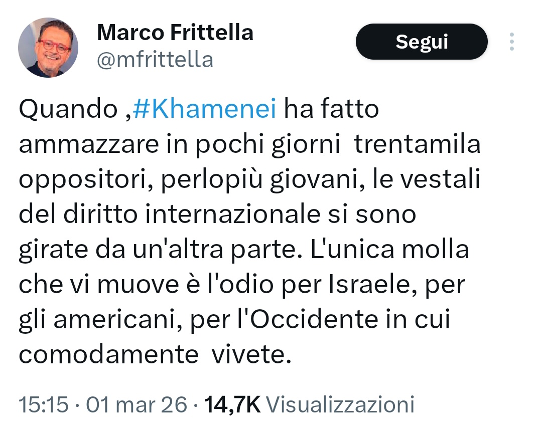 Dire la verità e cioè che Israele ammazza gente innocente solo per sete di supremazia è odio?
E mi chiedo: perché Putin e Khamenei sono merde mentre Trump e Netanyahu no?

Teste di minchia, questo siete. E io vi detesto, tutti.
#IsraelTerroristEntity
#USAterrorists
