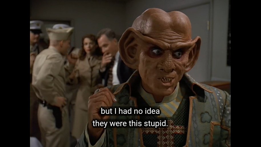 archaicf0ssil's tweet photo. Capitalist aliens from the star trek future getting sent back in time and captured by the US military and being in shock by how stupid and cruel 20th century humans are is such a great concept. We're even worse than the ferengi. https://t.co/Gr51bx6Gbi