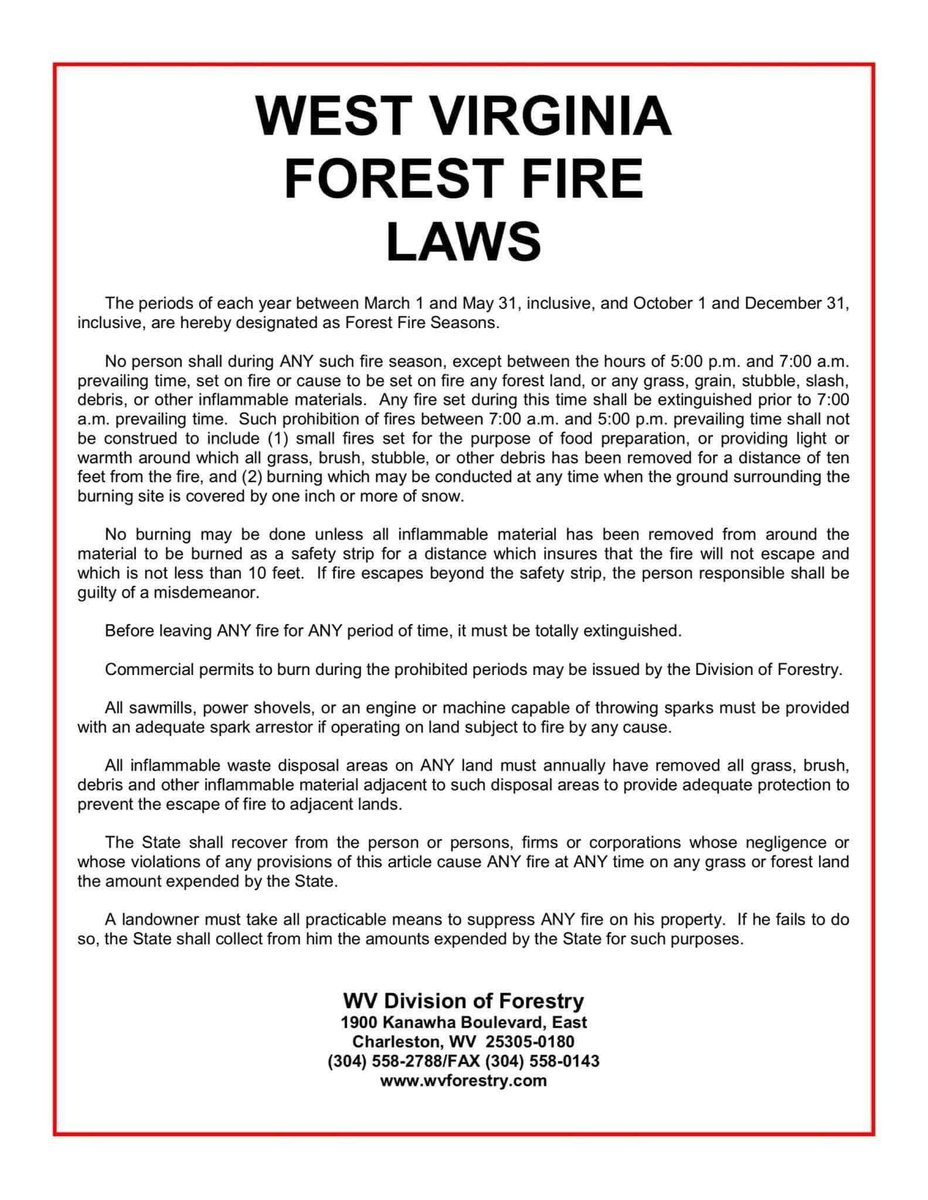 TeaysValleyFire's tweet photo. It’s March 1 — Spring Forest Fire Season is here. 🔥⁣
⁣
From now through May 31, outdoor burning is only permitted 5:00 p.m. to 7:00 a.m. All fires must be fully extinguished before 7:00 a.m.⁣
⁣
Clear 10 feet to mineral soil, attend fires at all times, and burn responsibly. https://t.co/vDozTNTT6o