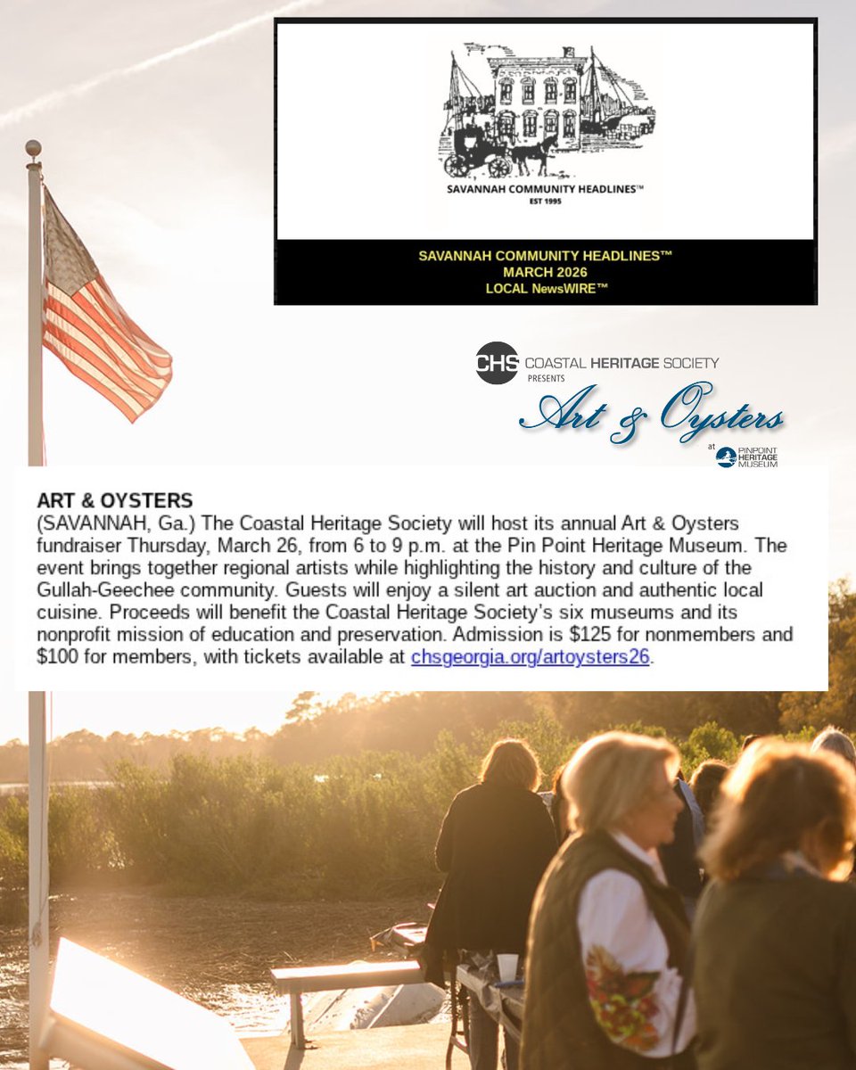 Thanks <a href="/carriagetradepr/">SAVANNAH COMMUNITY HEADLINES™</a> for including Art &amp; Oysters 2026 in their March Savannah Community Headlines today!

Tickets for Art &amp; Oysters  - happening Thurs. 3/26 6-9PM @ Pin Point Heritage Museum in #Savannah - available here: chsgeorgia.org/artoysters26/

carriagetradepr.com/savannah-commu…