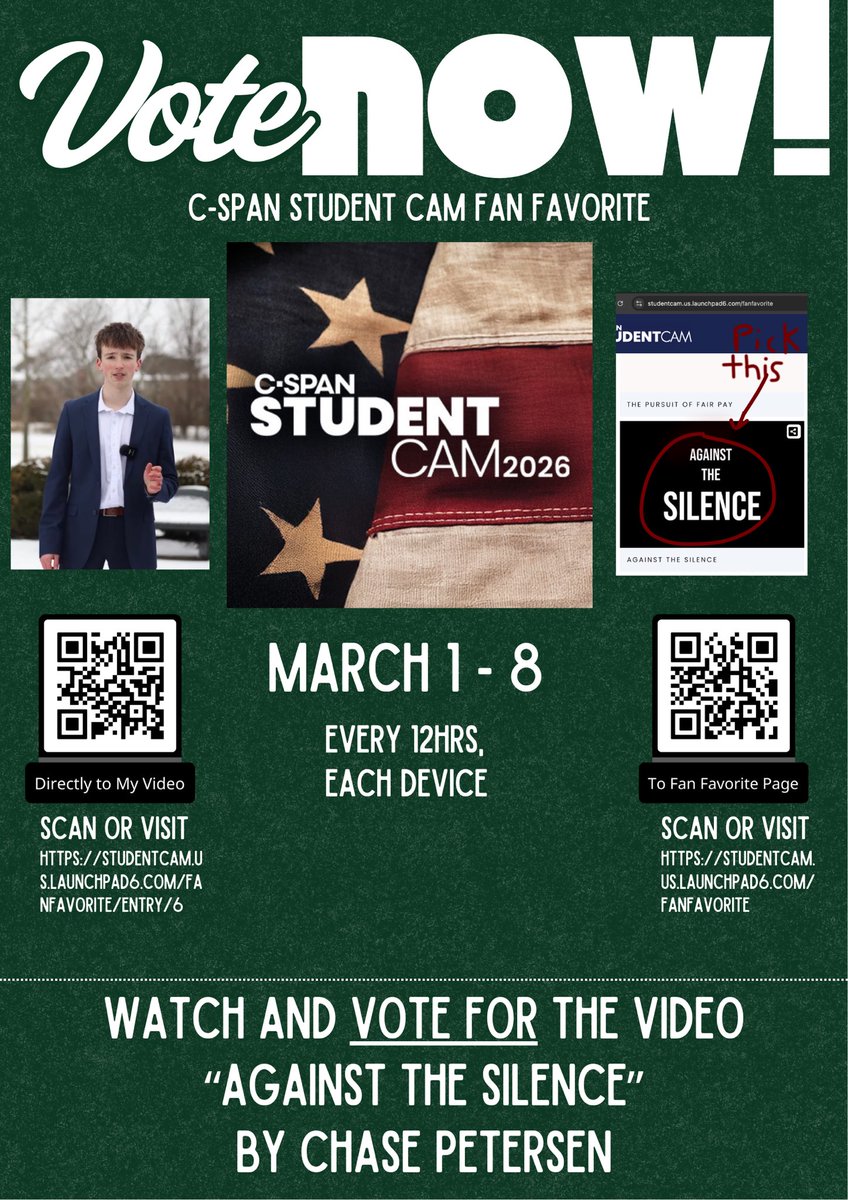 _chasep's tweet photo. My documentary for the C-SPAN StudentCam Competition has made the “Fan Favorite” voting. You can vote once every 12 hours during March 1-8. Would really appreciate it!
https://t.co/CyrN6LwA9Z https://t.co/4kabsipbvR
