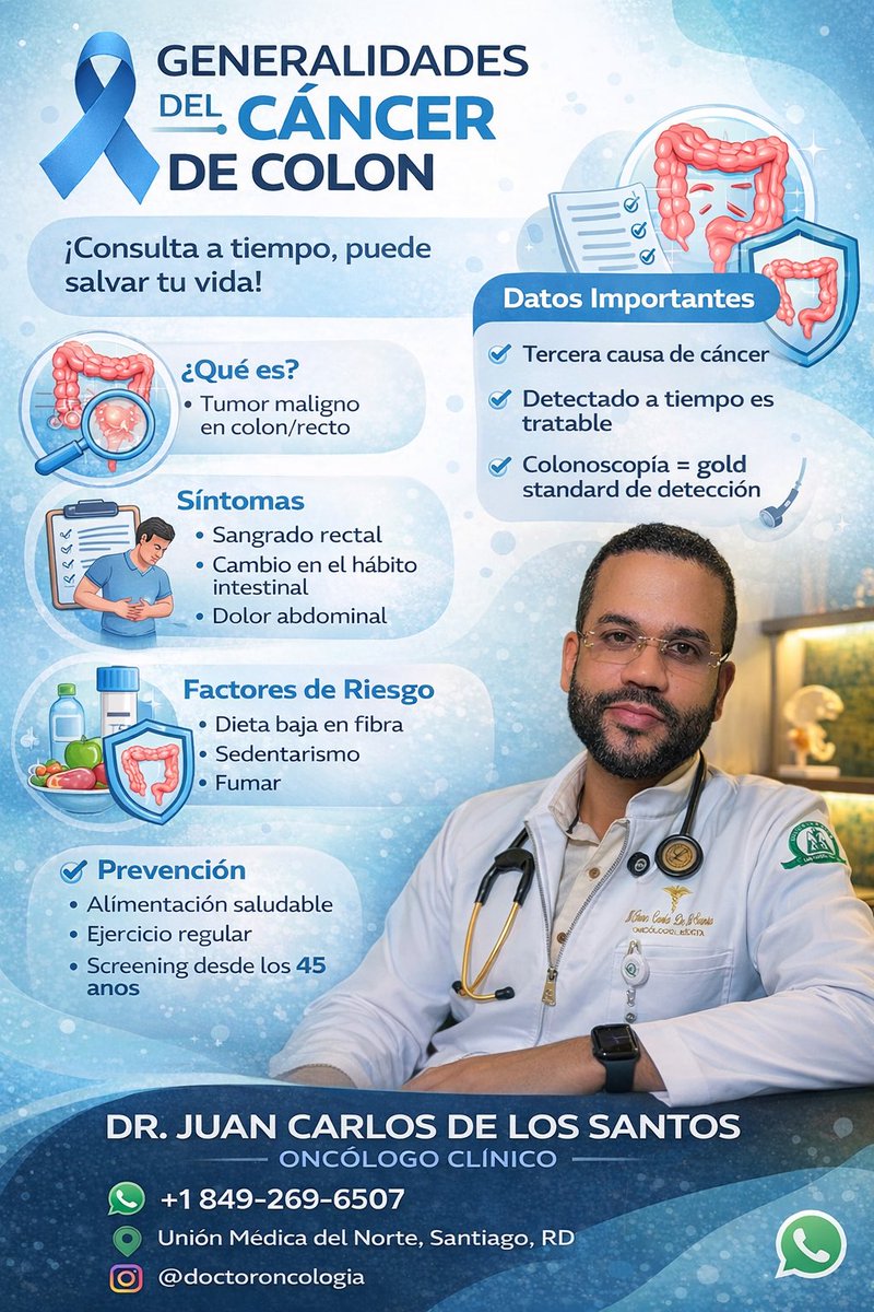 🔵 Marzo: Mes de Concientización sobre el Cáncer de Colon

El cáncer de colon es uno de los cánceres más frecuentes en el mundo, pero también uno de los más prevenibles y detectables a tiempo.

La prevención comienza con información, chequeos oportunos y hábitos saludables.