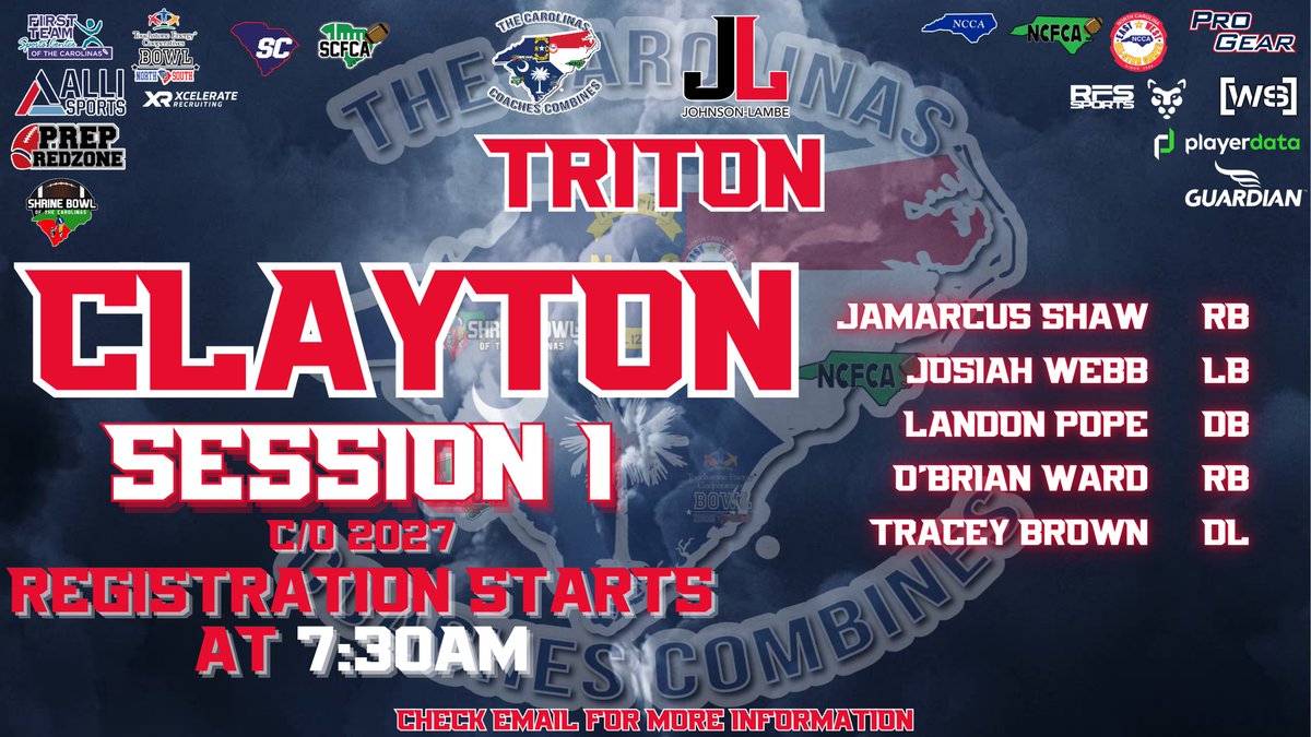 CoachesCombines's tweet photo. Congratulations to the following Triton players for being selected to the Carolinas Coaches Combines at Clayton HS!

See you April 11 @ 7:30AM!

Check email to register/more info!

@JohnsonLambe @CoachP_83 @QTJamarcus @JojoWebb1 @51TraceyB https://t.co/ghG3fy93Cm