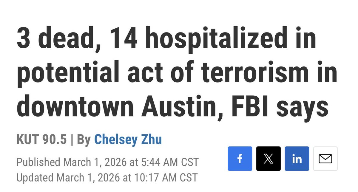 ‼️‼️ BREAKING: IN PRESSER, FBI OFFICIAL CONFIRMS SHOOTER IN AUSTIN MASS SHOOTING THAT LEFT 3 DEAD AND 14 INJURED LAST NIGHT,  HAD “MATERIALS THAT WERE INDICATIONS OF POTENTIAL NEXUS TO TERRORISM.” 

and so it begins…