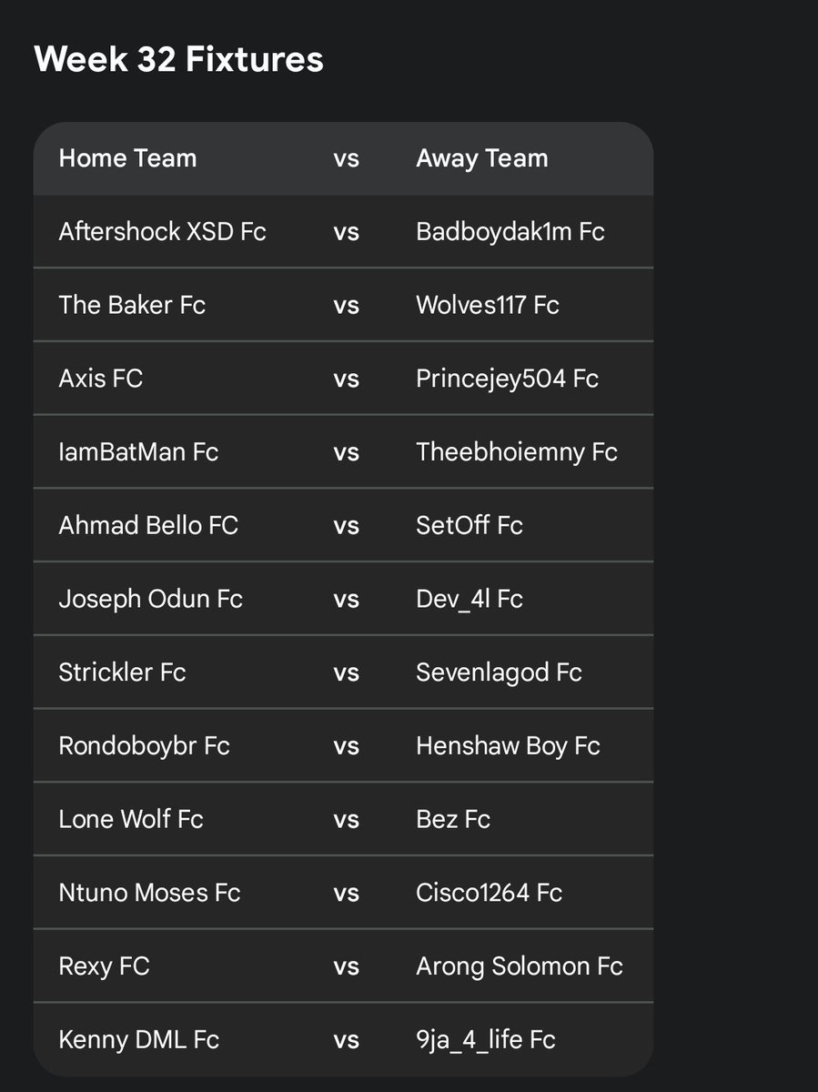 SUPER LEAGUE NIGERIA SEASON 2 WEEK 32 FIXTURES POWERED BY QUICKFIX 
DATE 📅: MONDAY, 2ND MARCH 2026
TIME: 6PM-12AM (W.A.T.)
SAME RULES APPLIES 
#savas #Dubai #dior #skijumpingfamily #POLCASAN #fcmobile26 #fc26stats