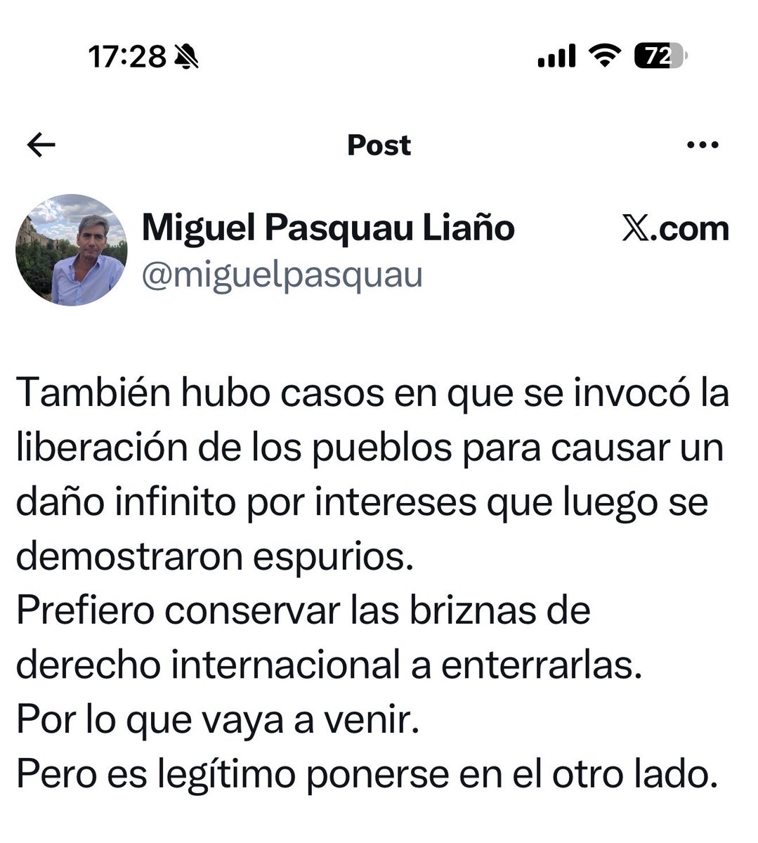 Yo me pongo del lado de los 40.000 asesinados en solo tres semanas en Iran, o los miles de torturados y encarcelados. 

Me pongo del lado de los miles de asesinados en Venezuela , torturados y encarcelados sin juicio ni garantías. O de los 8.000.000 de exiliados Venezolanos - la