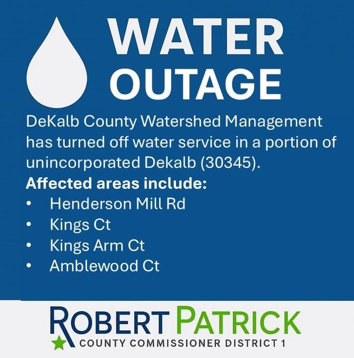 🚧 Water Service Alert 🚧

The DeKalb County Department of Watershed Management has temporarily shut off water service to repair a 6-inch broken water main in unincorporated DeKalb within the Atlanta area.
Approximately 50–100 customers are impacted during repairs.