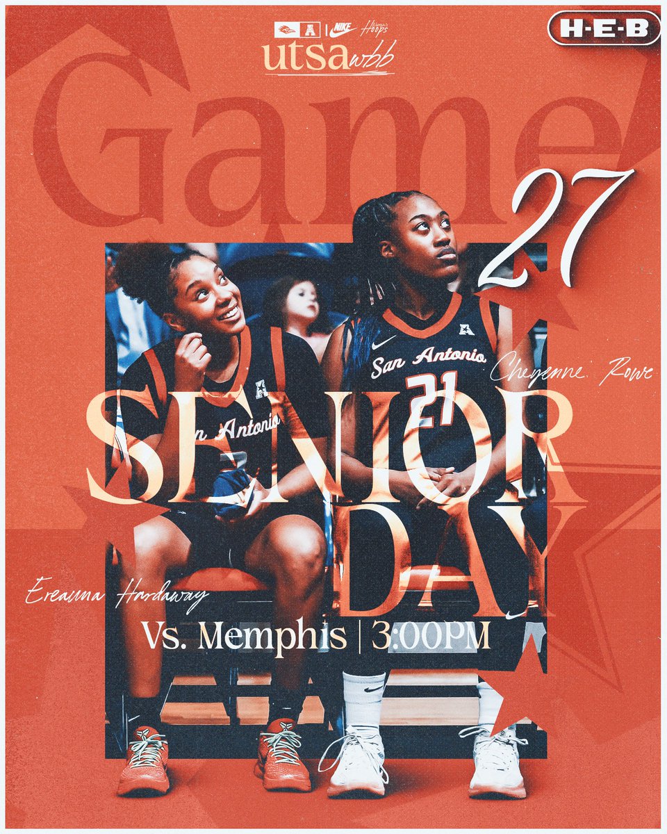 A Senior Day Showdown! 

🆚: Memphis  
⌚: 3 p.m. 
📍: San Antonio, Texas
🏟: The Convo  
🎟️: goUTSA.com/wbbtickets 
🎧: goUTSA.com/wbbradio 
📺: goUTSA.com/wbblive
📈: goUTSA.com/wbbstats

#BirdsUP🤙 | #LetsGo210 | #CashIn 🏀