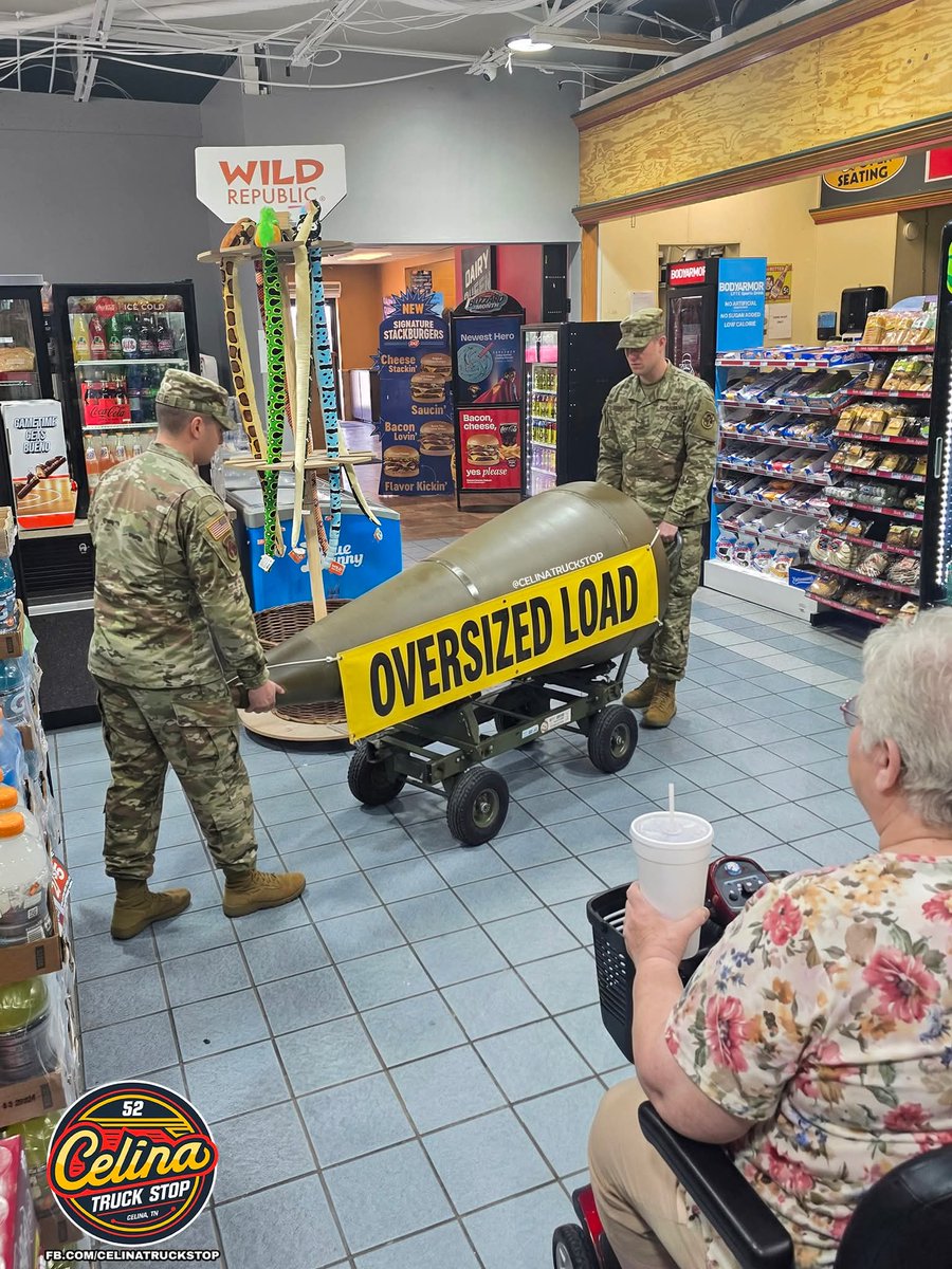 celinatruckstop's tweet photo. HEADS UP: Due to roadwork hindering the normal route, we have allowed a Nuclear Warhead to pass through our store as a shortcut. Please remain calm and do not take photos for national security purposes. 

The warhead is completely safe and only becomes highly volatile if it is slightly jostled or bumped.